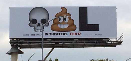 Deadpool billboard featuring the skull and poop emojis