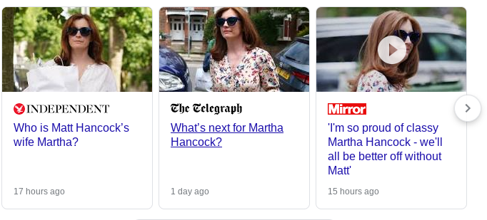 Google news screenshot of Martha Hancock stories to illustrate how in the public dismantling of women by the media, only the scorned woman matters.