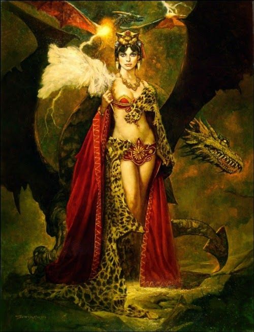 Artist rendition of the goddess Inanna, who is bikini clad with furs and velvet capes draped from her body. She's holding a feather and behind her, a dragon looms menacingly.