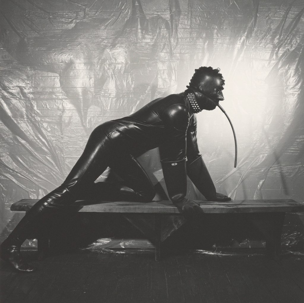 Image of a man kneeling on a bench, clad entirely in latex from head to toe as part of Mapplethorpe's exploration into bold BDSM