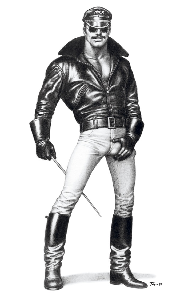 Illustration by Tom of Finland. Depicting a leather-clad man holding his crotch, part of Tom of Finland's BDSM illustrations